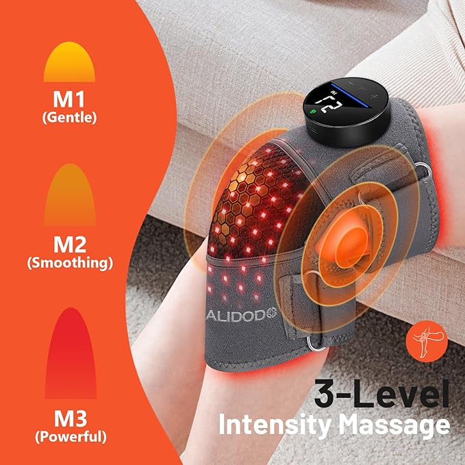 HALIDODO Red Light Therapy & Vibration Massage Knee Brace - Wireless Rechargeable Controller, 660nm&850nm Red Light Therapy Heated Device for Knee/Joint/Elbow/Shoulder Pain Relief, Gray.