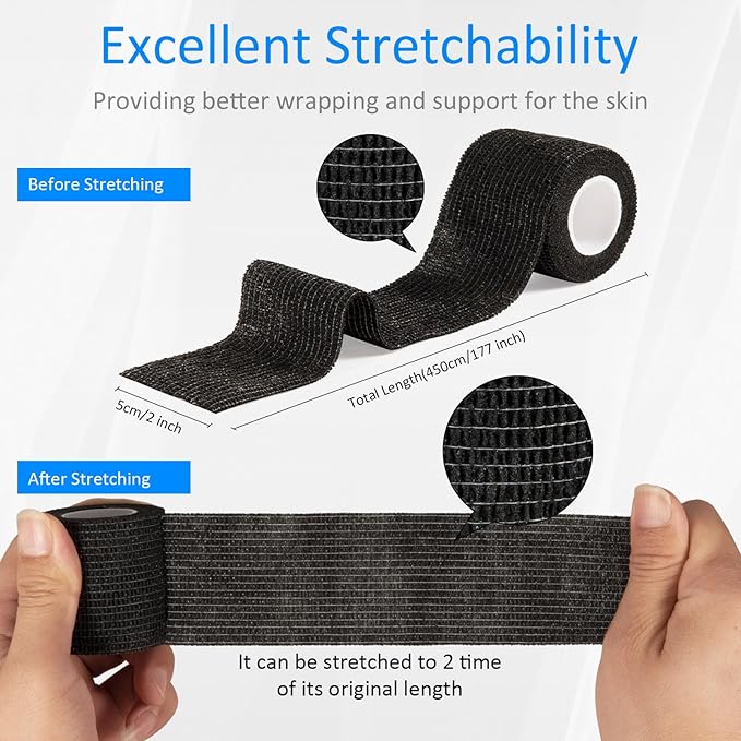 24 Pack Self Adherent Cohesive Wrap Bandages Non Woven Cohesive Bandage Elastic Self Adhesive Bandage Wrap Sports Athletic Tape First Aid Tape for Wrist Ankle Pet Vet Wrap Grip Cover 2 inch (Black)
