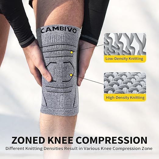 CAMBIVO Knee Brace for Women and Men with Side Stabilizer 2 Pack, Lightweight Knee Compression Sleeves for Knee Pain Relief, Knee Sleeves for Running, Workout and Daily Activities (Gray, Large)