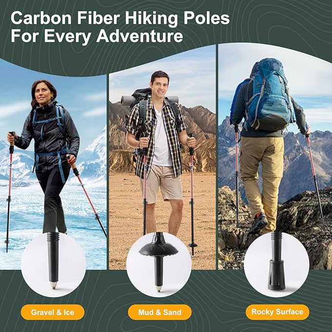 Carbon Fiber Trekking Poles, Lightweight Adjustable Hiking Poles with Cork Grips, Pair of 2 Walking Sticks Balance Support for Women and Men