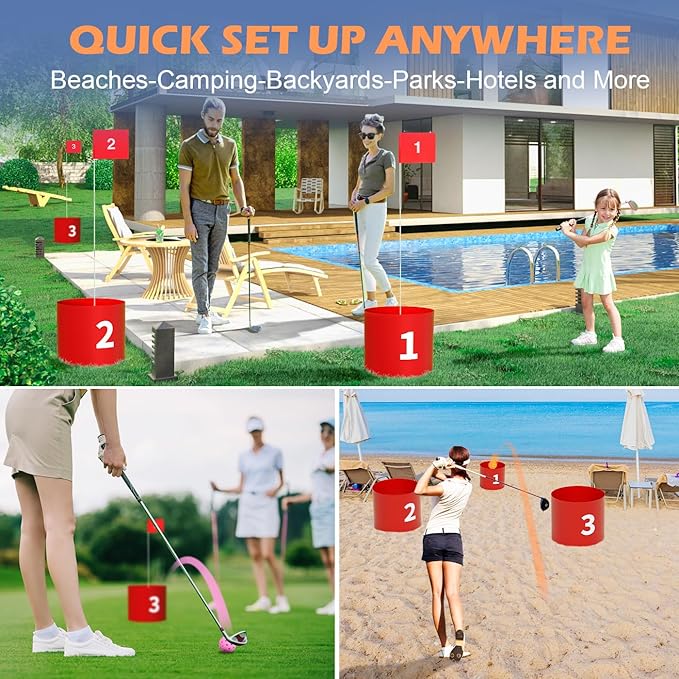 FOOING Golf Game LED with 1 Club, 9 Hole Practice Golf Backyard Game Set for Adults and Family Outdoor Indoor, Plastic Battle Yard Game with Balls and Flag for Lawn, Beach, Camping and Park