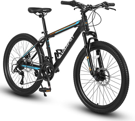 24/26 Inch Mountain Bike, 21 Speed Mountain Bicycle with High Carbon Steel Frame, Dual Disc Brakes and Front Suspension, MTB Bike for Adult Teenagers Boys Girls
