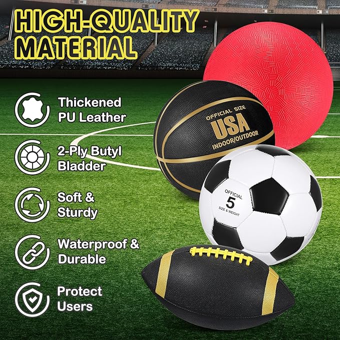 Lenwen 4 Pcs Sports Balls Set, Include Official Size Basketball Soccer Football Playground Ball Pump Equipment Bag Recess Equipment Sport for Teen Adult Gift Back to School