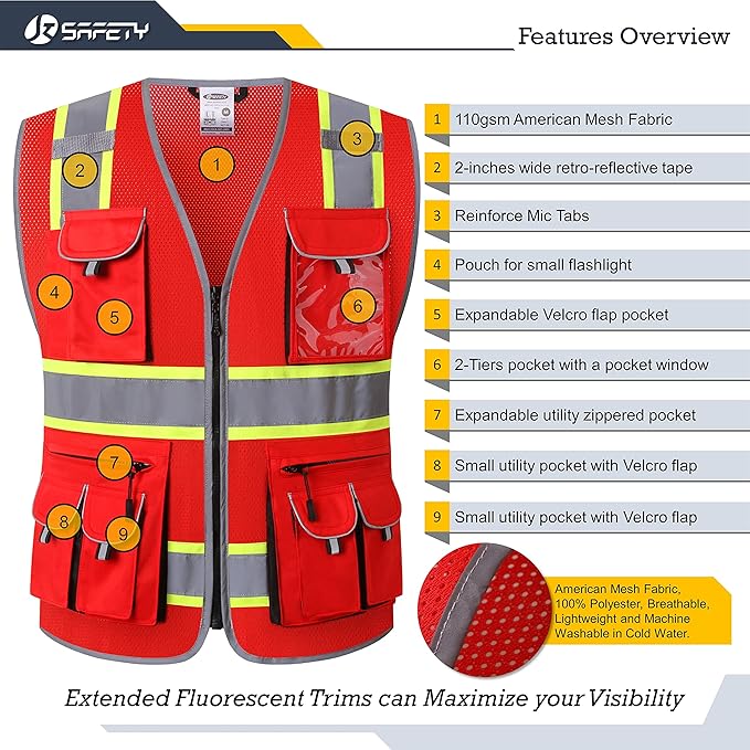 JKSafety 10 Pockets Hi-Vis Neon Color Frontal Zipper Mesh Safety Vest for Men Women Safety Utility for works Comply to ANSI/ISEA Standards (86-Red 3XL)