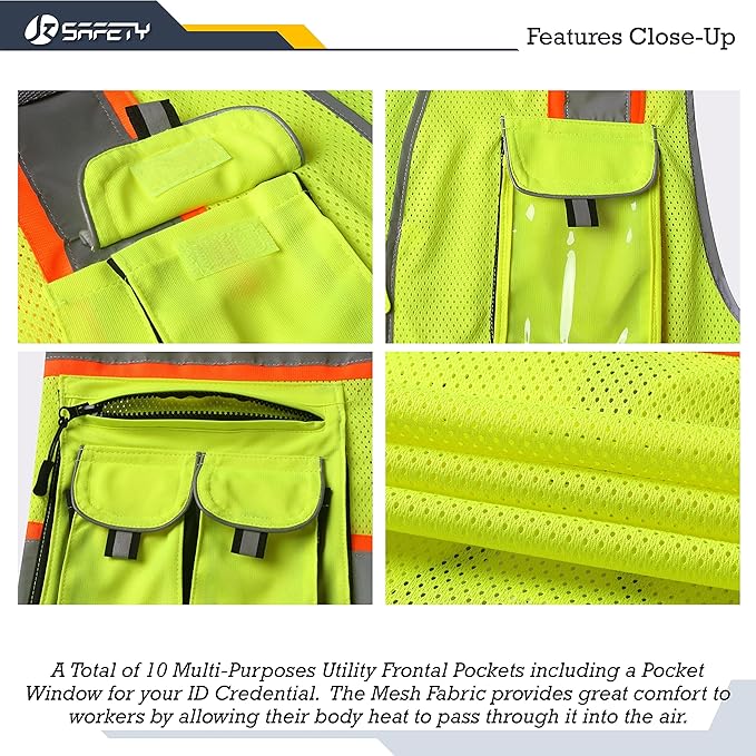 JKSafety 10 Pockets Hi-Vis Neon Color Frontal Zipper Mesh Safety Vest for Men Women Safety Utility for works Comply to ANSI/ISEA Class 2 (86-Yellow L)