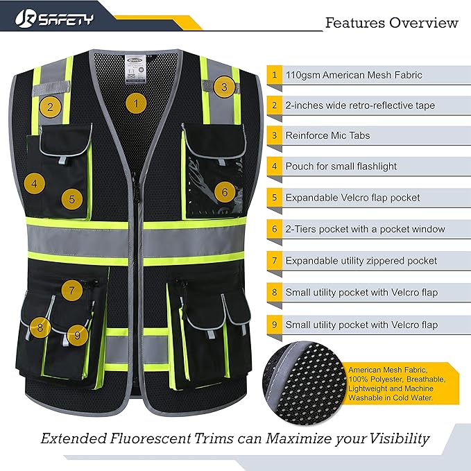 JKSafety 10 Pockets Hi-Vis Neon Color Frontal Zipper Mesh Safety Vest for Men Women Safety Utility for works Comply to ANSI/ISEA Standards (86-Black 3XL)