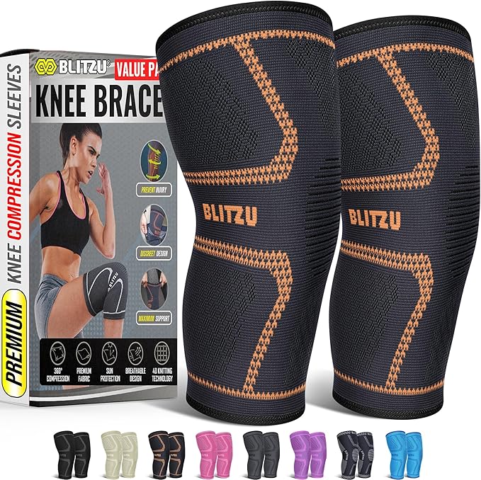 Knee Brace for Women & Men, 2 Pack Compression Knee Brace, Knee Support Sleeve for Pain Relief, Running, Workout, Sports, Knee Braces for ACL, Meniscus Tear, Arthritis and Injury Recovery Orange M