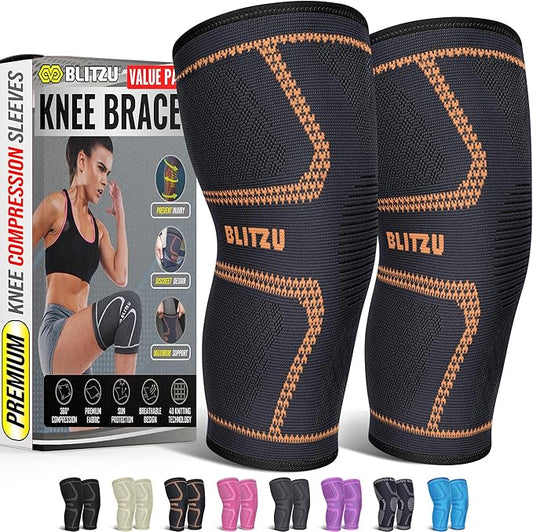 Knee Brace for Women & Men, 2 Pack Compression Knee Brace, Knee Support Sleeve for Pain Relief, Running, Workout, Sports, Knee Braces for ACL, Meniscus Tear, Arthritis and Injury Recovery Orange M