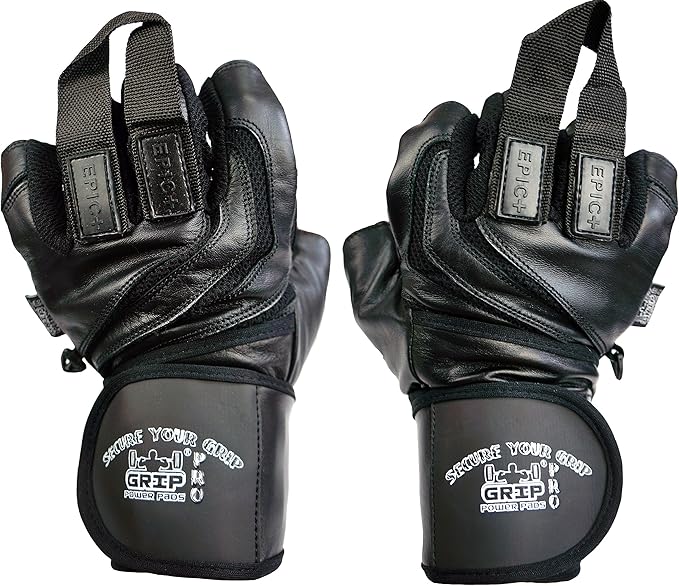 Epic Leather Gym Gloves with Built in 2" Wide Wrist Wraps Grip & Design for Weightlifting Power Lifting Bodybuilding & Strength Training Workout Exercises