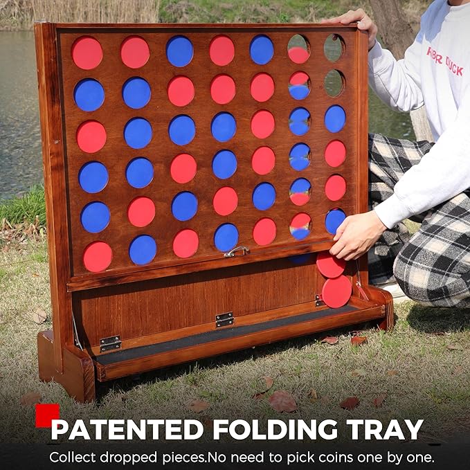 Giant Wooden 4 in a Row Connect Games with Folding Tray - Yard Outdoor Beach Games with Carrying Case - Two Styles to Play - Patented Product