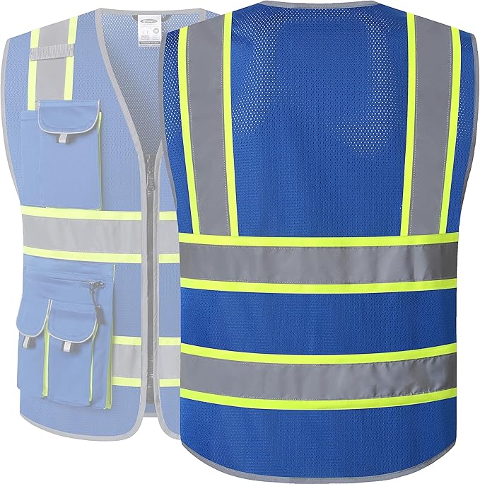 JKSafety 10 Pockets Hi-Vis Neon Color Frontal Zipper Mesh Safety Vest for Men Women Safety Utility for works Comply to ANSI/ISEA Standards (86-Blue 3XL)