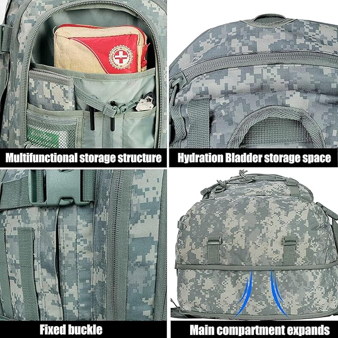Expandable 40-64L Military Tactical Backpack 3 Day Bag Hiking Gym Sport Camping