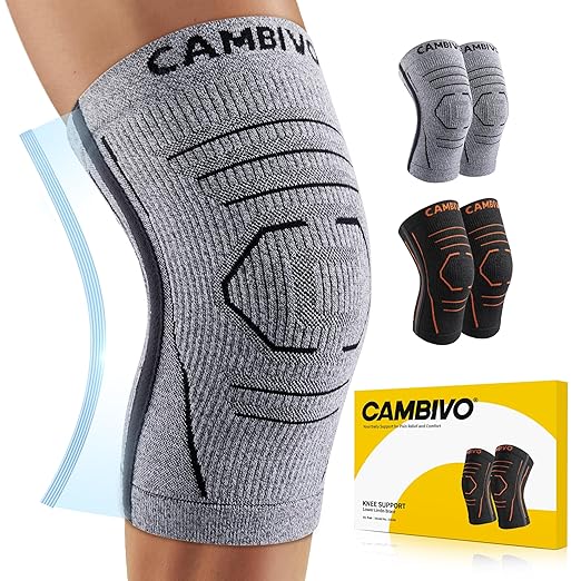CAMBIVO Knee Brace for Women and Men with Side Stabilizer 2 Pack, Lightweight Knee Compression Sleeves for Knee Pain Relief, Knee Sleeves for Running, Workout and Daily Activities (Gray, Large)