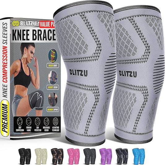 Knee Brace for Women & Men, 2 Pack Compression Knee Brace, Knee Support Sleeve for Pain Relief, Running, Workout, Sports, Knee Braces for ACL, Meniscus Tear, Arthritis and Injury Recovery Gray M