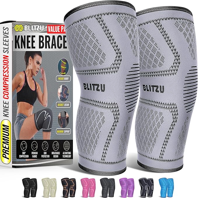 Knee Brace for Women & Men, 2 Pack Compression Knee Brace, Knee Support Sleeve for Pain Relief, Running, Workout, Sports, Knee Braces for ACL, Meniscus Tear, Arthritis and Injury Recovery Gray L