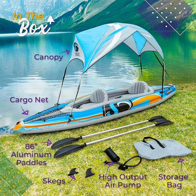 Sunlite Sports 2-Person Inflatable Kayak with Aluminum Oars (136" x 33"), High Output Air Pump and Storage Bag, Double Tandem Kayak for Adults, Two Person Canoe and Kayak, Good for Lakes and Rivers