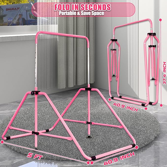MARFULA Foldable Gymnastic Bar for Kids Ages 3-9, 9 Height Levels, 200 lbs Weight Capacity, 5 Ft Length Gymnastic Kip Bar with Mat, Gymnastic Equipment for Home and Gym Center Indoor Outdoor Use