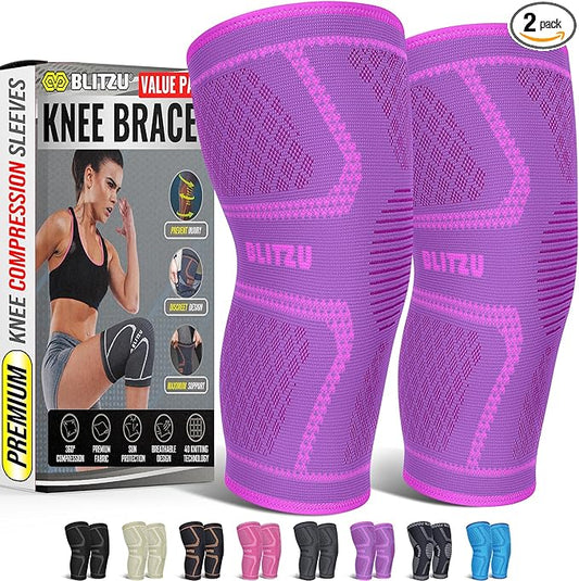 Knee Brace for Women & Men, 2 Pack Compression Knee Brace, Knee Support Sleeve for Pain Relief, Running, Workout, Sports, Knee Braces for ACL, Meniscus Tear, Arthritis and Injury Recovery Purple L
