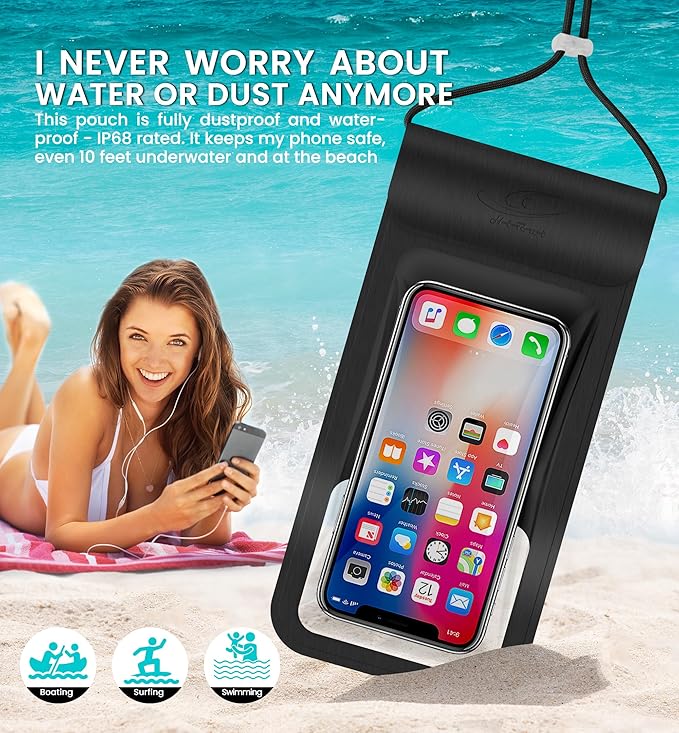 HiRui Universal Waterproof Phone Pouch with Touch Screen, IP68 Waterproof Phone Case Dry Bag for Beach, Compatible with iPhone 16/Pro/Plus/Max/15/14, Galaxy S24+/25+, Fits up to 6.9" (Black, X-Large)