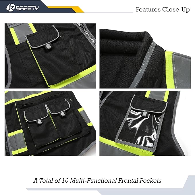 JKSafety 10 Pockets Hi-Vis Zipper Front Black Safety Vest | Cushioned Collar | High Reflective Tapes with Extended Neon Yellow Strips | Meets ANSI/ISEA Standards (Large, 89-Black)