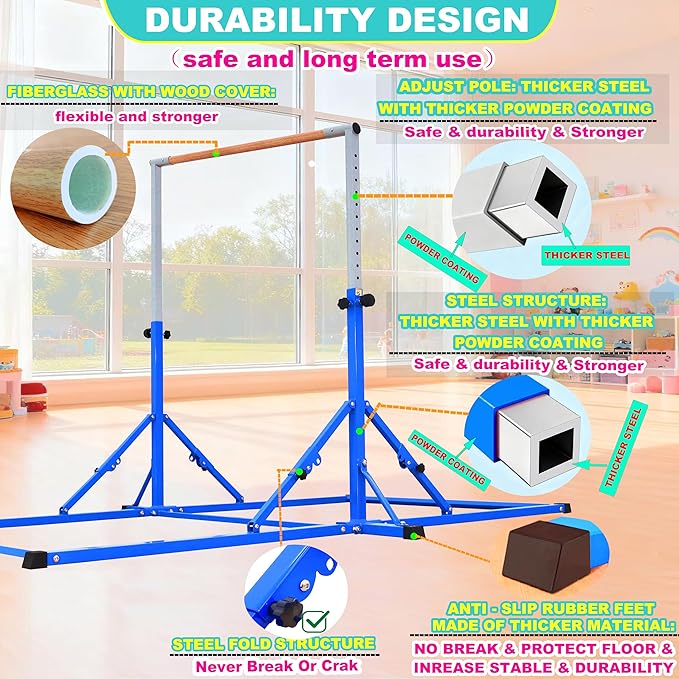 MARFULA Gymnastic Bar for Kid and Teenage Ages 3-25, 5 FT / 8 FT Base Length, 4 FT Width 5 FT Height, Gymnastic Kip Bar Horizontal Bar for Gymnast, Gymnastic Training Equipment for Home and Club Use