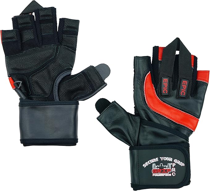 Epic Leather Gym Gloves with Built in 2" Wide Wrist Wraps Grip & Design for Weightlifting Power Lifting Bodybuilding & Strength Training Workout Exercises, Size : Small 7"- 7 1/2"