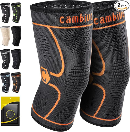 CAMBIVO 2 Pack Knee Brace, Knee Compression Sleeve Support for Men and Women, Knee Pads for Running, Hiking, Meniscus Tear, Arthritis,Joint Pain Relief (Orange,Small)