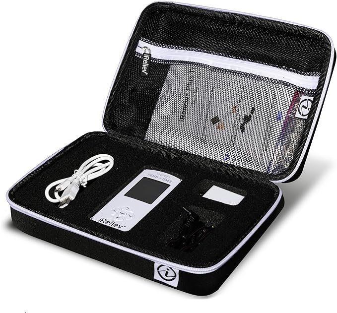 FDA Cleared iReliev TENS Unit + EMS 14 Therapy Modes, Premium Pain Relief and Recovery System, Rechargeable, Large Back Lit Display, 12 Electrodes & Case
