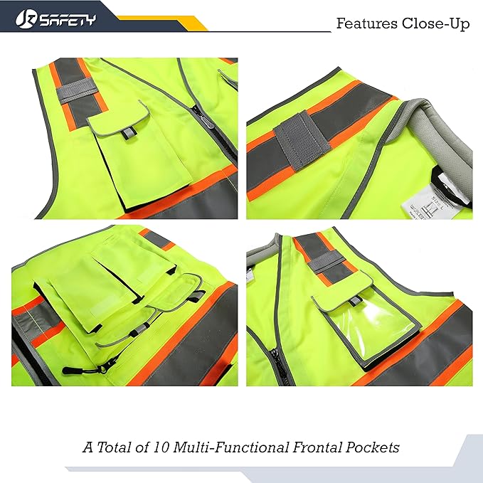JKSafety 10 Pockets Class 2 Hi-Vis Zipper Front Yellow Safety Vest | Cushioned Collar | High Reflective Tapes with Extended Neon Orange Strips | Meets ANSI/ISEA Standards (X-Large, 89-Yellow)