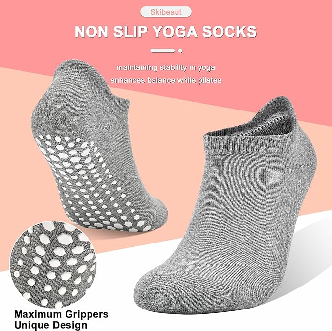 SkiBeaut Grips Non Slip Socks for Women, 4 Pairs Yoga Pilates Anti Skid Woman Hospital Gripper Socks (5-12)