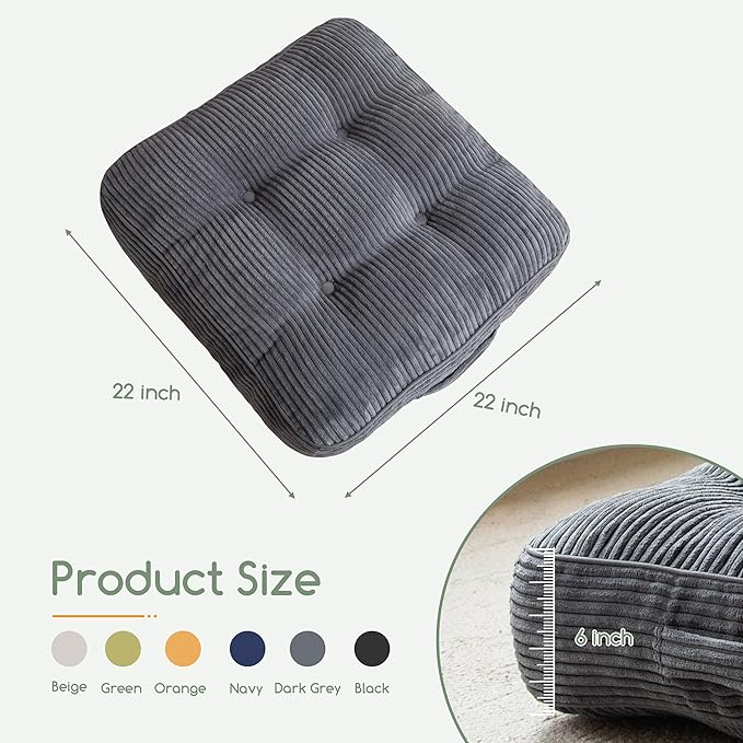 6" Washable Floor Pillow Cushion for Adults, Meditation Cushion Pillow, Large Square Floor Sitting, Removable Tufted Corduroy Cover, for Tatami Living Room or Yoga, 22x22 Inch, 2Pack, Machine Washable