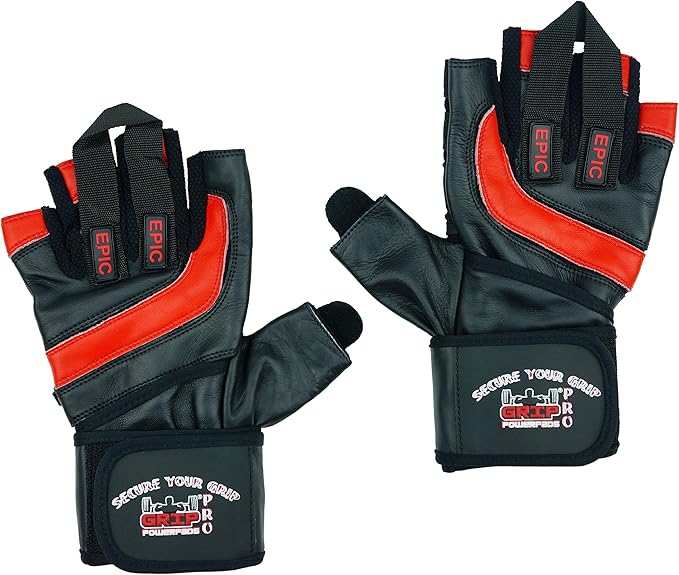 Epic Leather Gym Gloves with Built in 2" Wide Wrist Wraps Grip & Design for Weightlifting Power Lifting Bodybuilding & Strength Training Workout Exercises, Size : Small 7"- 7 1/2"