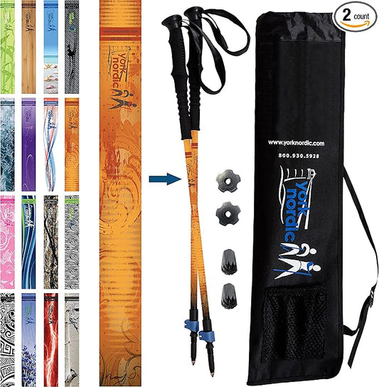York Nordic Hiking & Walking Poles - Cushion Foam Grips w/Nordic Strap - Lightweight, Adjustable, and Great for Balance -2 Pieces w/Flip Locks, and Travel Bag - Heights 5'4"-6'2"
