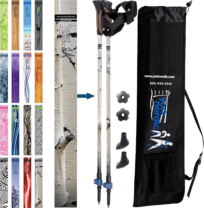 Official Nordic Walking Poles - True Classic Nordic Glove Grips, Lightweight, Adjustable, and Collapsible -2 Pieces w/flip Locks, Detachable Feet and Travel Bag by York Nordic - Heights 5'4"-6'2"