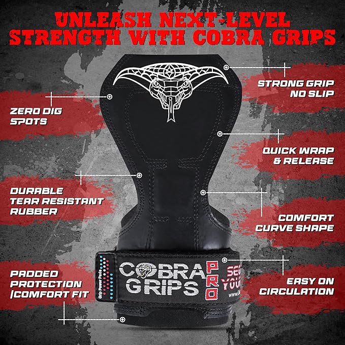 Cobra Grips PRO Weight Lifting Gloves Heavy Duty Straps Alternative Power Lifting Hooks for Deadlifts Adjustable Neoprene Padded Wrist Support Bodybuilding