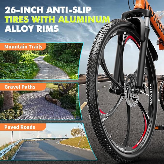 26 inch Folding Mountain Bike, Carbon Steel Frame and 21 Speed, Double Disc Brake and Dual Suspension Folding Bike for Adults/Men/Women, Easy Assembly Bicycle(Black/Green/Orange)