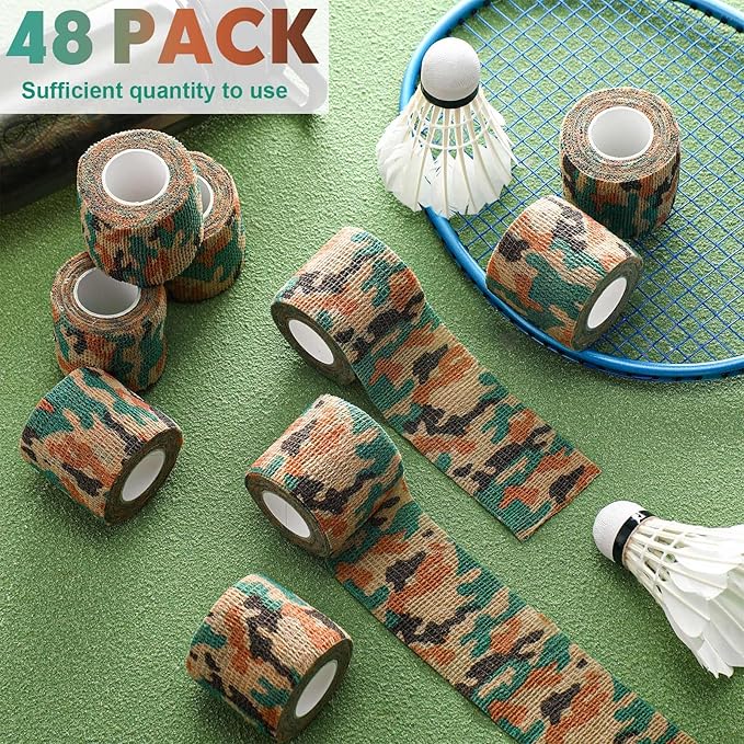 Treela 48 Pack Self Adhesive Wrap Bandage Bulk, 2 Inches X 5 Yards Self Adherent Cohesive Bandage Elastic Athletic Tape Breathable Wound Tape for Stretch Athletic Sports Wrist Ankle(Green Camo)