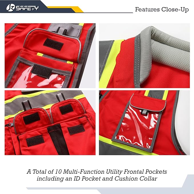 JKSafety 10 Pockets Hi-Vis Zipper Front Fluorescent Red Safety Vest | Cushioned Collar | High Reflective Tapes with Extended Neon Yellow Strips | Meets ANSI/ISEA Standards (Medium, 89-Red)