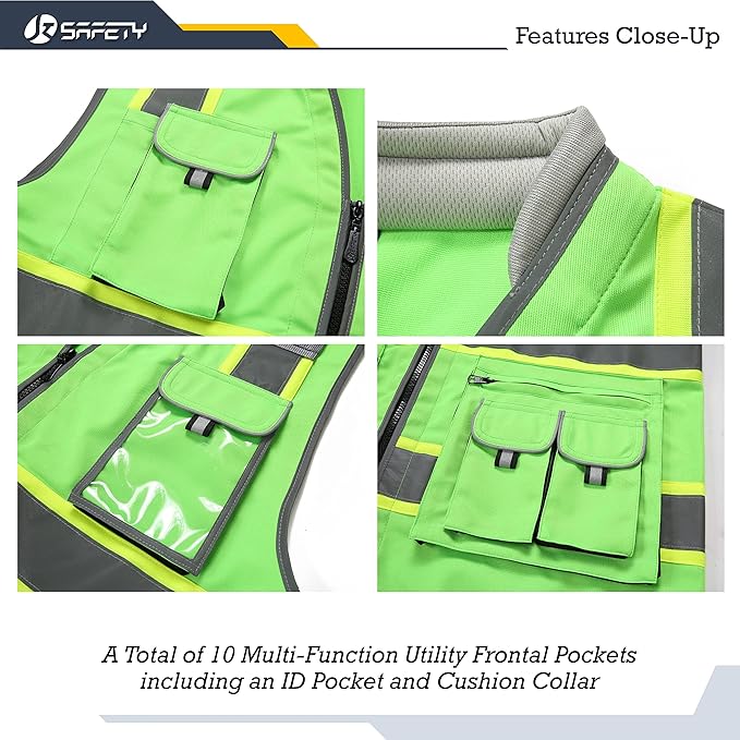 JKSafety 10 Pockets Hi-Vis Zipper Front Fluorescent Green Safety Vest | Cushioned Collar | High Reflective Tapes with Extended Neon Yellow Strips | Meets ANSI/ISEA Standards (4X-Large, 89-Green)