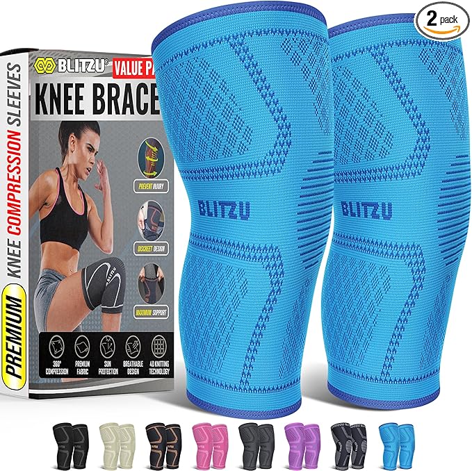 Knee Brace for Women & Men, 2 Pack Compression Knee Brace, Knee Support Sleeve for Pain Relief, Running, Workout, Sports, Knee Braces for ACL, Meniscus Tear, Arthritis and Injury Recovery Blue L