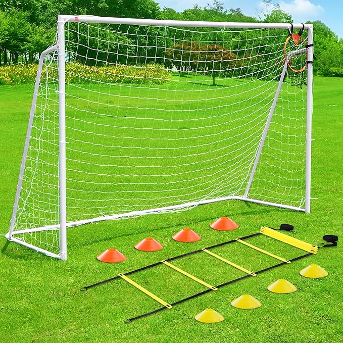 Soccer Goal 12x6,10x6.5, 8x6, 6x4FT Soccer Goals for Backyard Metal Soccer Goals for Kids Youth Adults Large Outdoor 2" Steel Soccer Goal Post Frame with Soccer Net Target Net Portable Agility Ladder