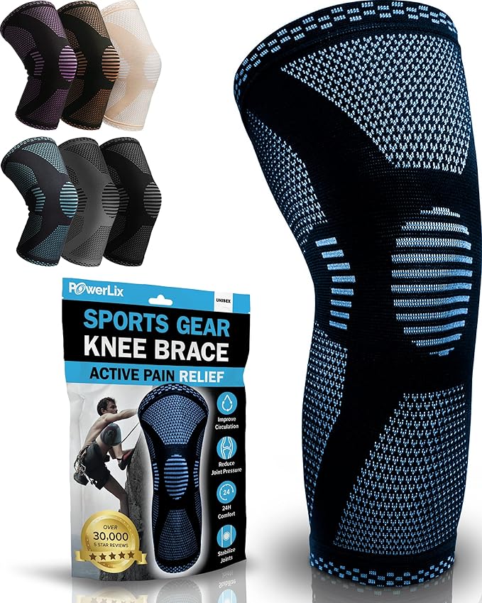 POWERLIX Knee Compression Sleeve - Best Knee Brace for Knee Pain for Men & Women – Knee Support for Running, Basketball, Volleyball, Weightlifting, Gym, Workout, Sports - (Light Blue M)