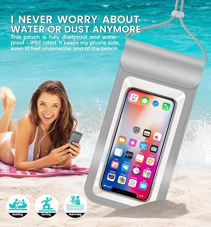 HiRui Universal Waterproof Phone Pouch with Touch Screen, IP68 Waterproof Phone Case Dry Bag for Beach, Compatible with iPhone 16/Pro/Plus/Max/15/14, Galaxy S24+/25+, Fits up to 6.9" (Silver, X-Large)