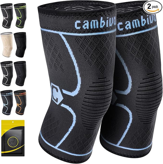 CAMBIVO 2 Pack Knee Brace, Knee Compression Sleeve for Men and Women, Knee Support for Running, Workout, Gym, Hiking, Sports (Blue,Medium)