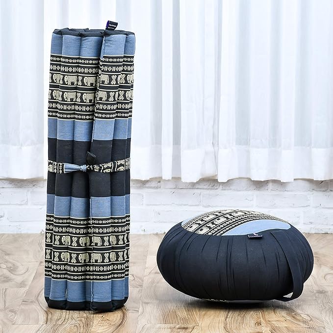 Leewadee Meditation Cushion Set – 1 Round Zafu Meditation Pillow and 1 Square Roll-Up Zabuton Meditation Mat, Pillows Bundle Filled with Kapok