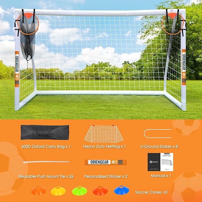 ORIENGEAR Soccer Goal, 12x6/10x6.5/8x6/6x4 Full Size Soccer Goals for Backyard, Soccer Net with Training Discs, Portable Soccer Goal for Kids and Adults with 1 Carry Bag, Porterias De Futbol