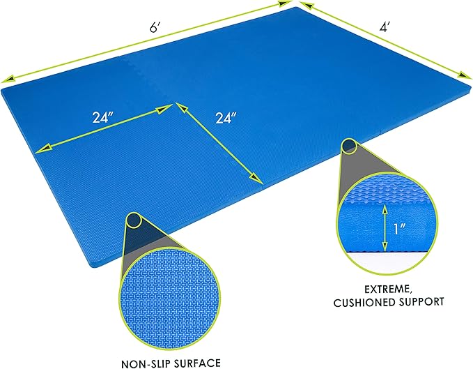 ProsourceFit Extra Thick Puzzle Exercise Mat , EVA Foam Interlocking Tiles for Protective, Cushioned Workout Flooring for Home and Gym Equipment, Blue - 1 inch - 24 Sq Ft - 6 Tiles