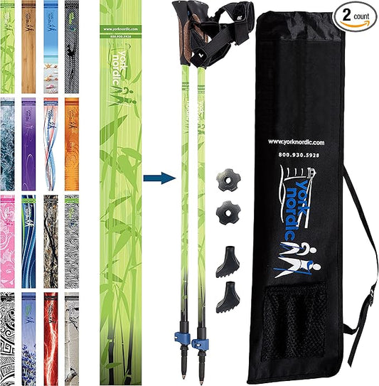 Official Nordic Walking Poles - True Classic Nordic Glove Grips, Lightweight, Adjustable, and Collapsible -2 Pieces w/flip Locks, Detachable Feet and Travel Bag by York Nordic - Heights 5'4"-6'2"