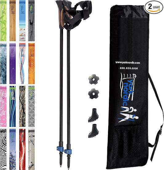 Official Nordic Walking Poles - True Classic Nordic Glove Grips, Lightweight, Adjustable, and Collapsible -2 Pieces w/flip Locks, Detachable Feet and Travel Bag by York Nordic - Heights 5'4"-6'2"