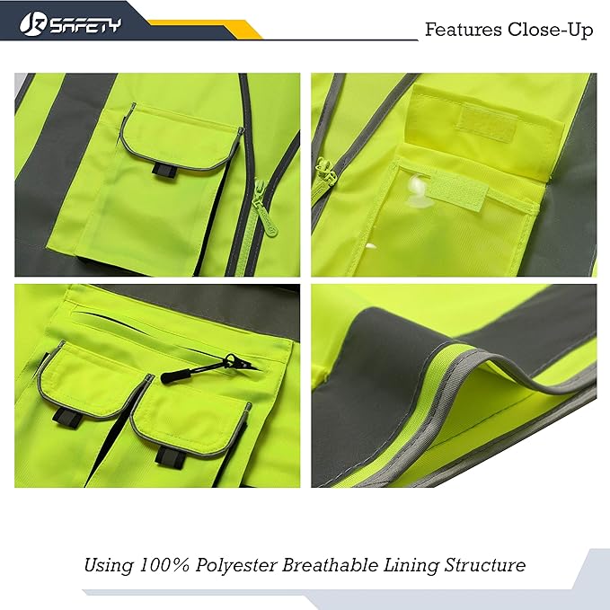 JKSafety 10 Pockets Class 2 High Visibility Zipper Front Safety Vest Yellow with High Reflective Strips Meets ANSI/ISEA Standards (88-Yellow, XX-Large)